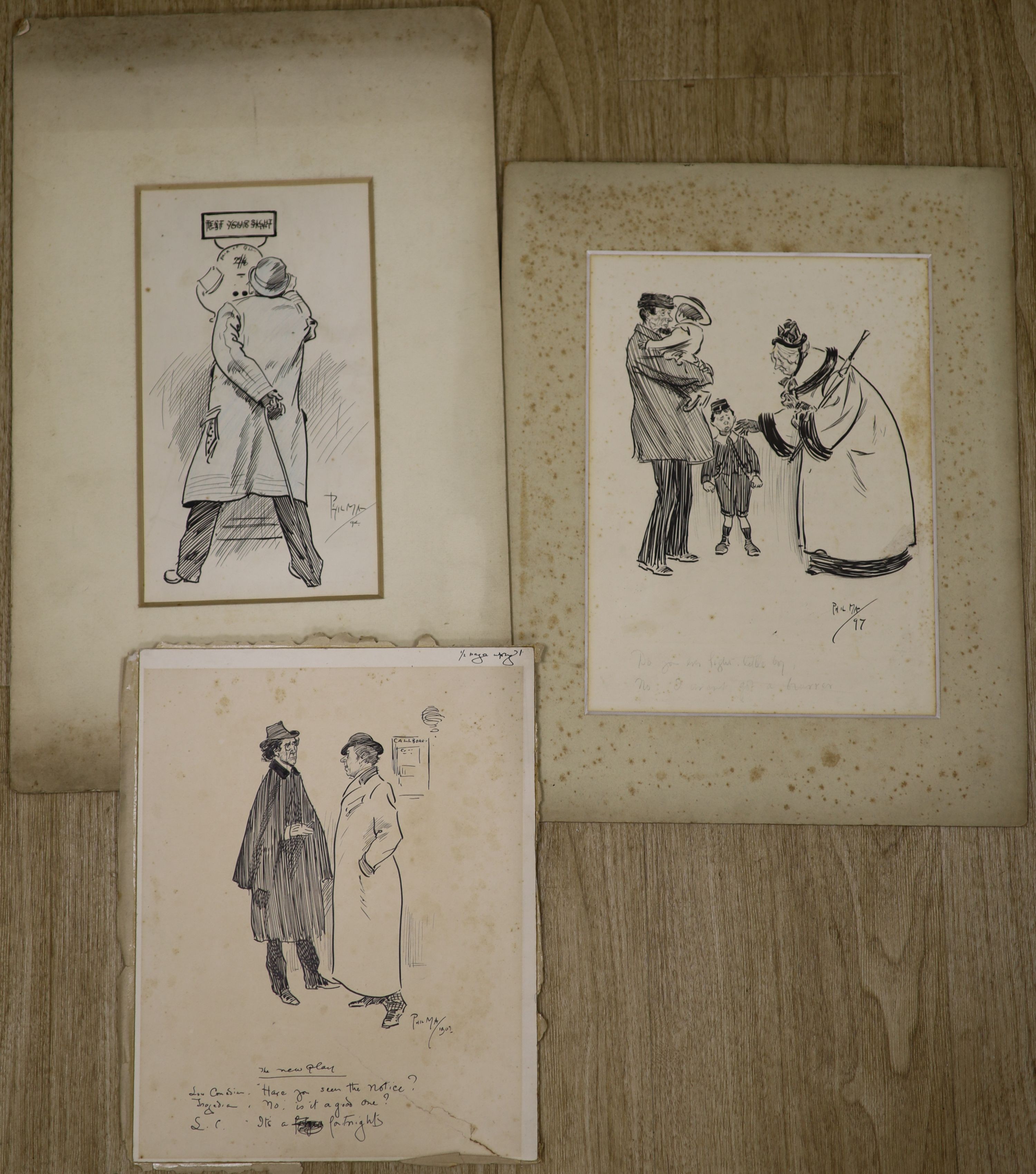 Phil May (1864-1903), three original pen and ink cartoons, 'The New Play 1902', 'Test Your Sight 1894' and 'Boy with Old Lady 1897', largest 30 x 22cm, all unframed